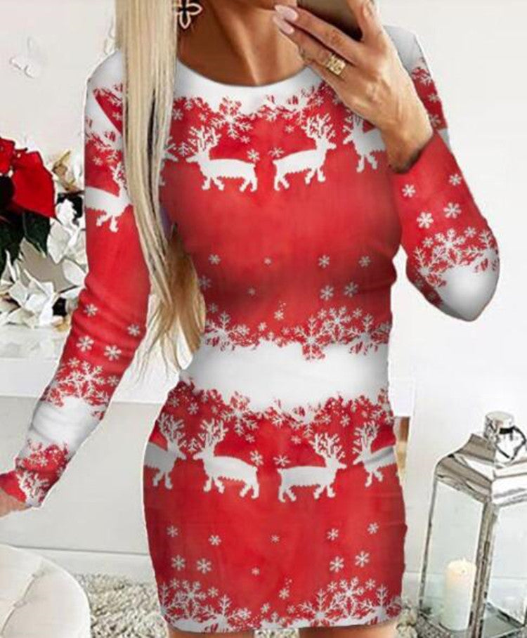 Christmas Elements Digital Positioning Printed Long Sleeve Slim Dress