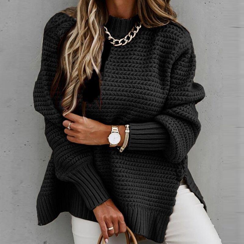 Jersey de punto con abertura lateral de color liso-Solid color drawstring side slit knit sweater