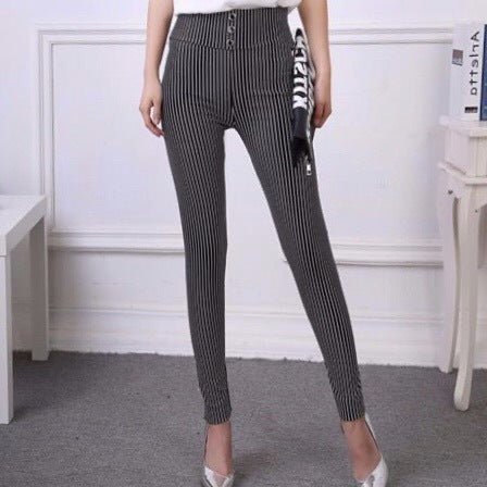 Leggings de rayas verticales en blanco y negro para mujer Pantalones delgados de cintura alta-Women's Black And White Vertical Stripes Leggings Slim High Waist Pants