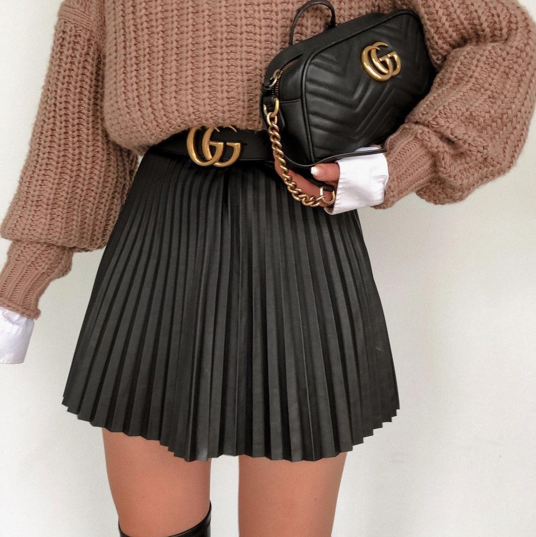 Falda corta de invierno para mujer-Draped Pleated Knitted Mini Skirts Women Winter Short Skirt