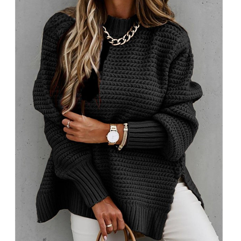 Jersey de punto con abertura lateral de color liso-Solid color drawstring side slit knit sweater