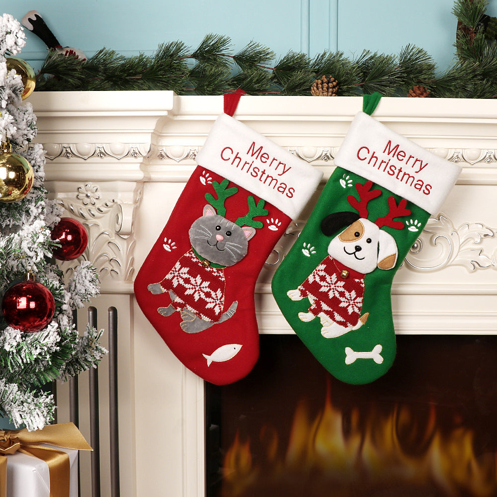 Bolsa de regalo de dulces con medias navideñas y patrones creativos de perros y gatos-Creative Dogs And Cats Pattern Christmas Stockings Candy Gift Bag