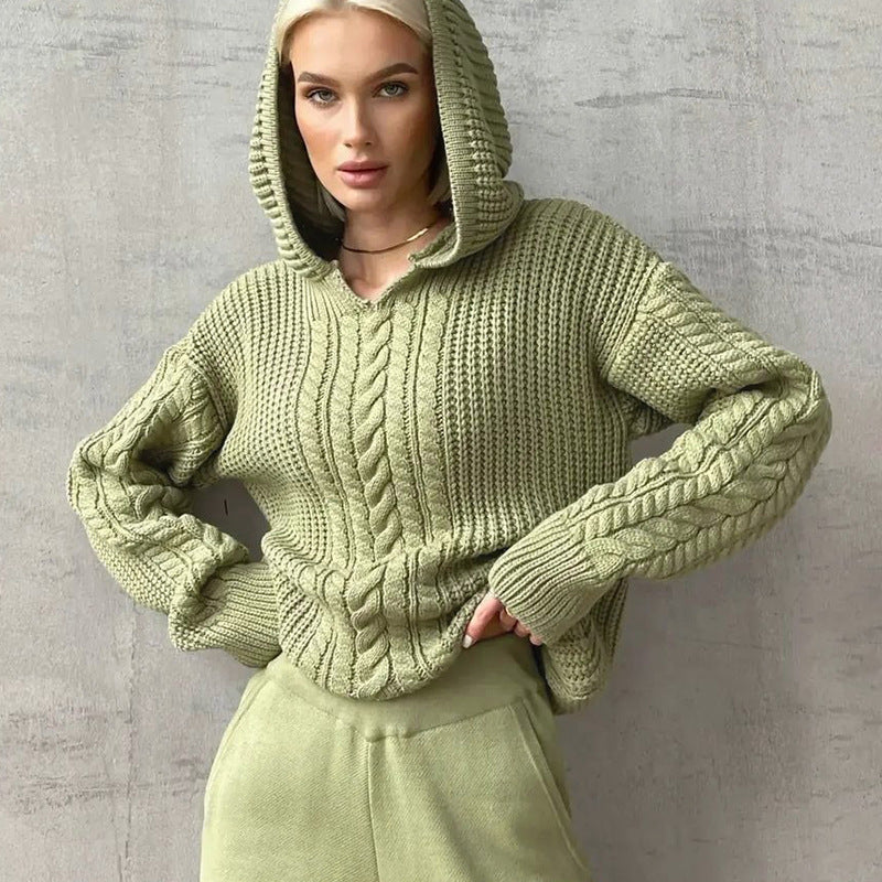 Jersey de punto de manga larga con capucha para mujer-Women's  Hooded Long-sleeved Knitted Sweater