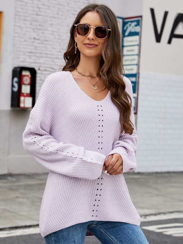 Suéter casual con cuello en V para mujer-Women's V-neck Casual Pullover Solid Color Sweater