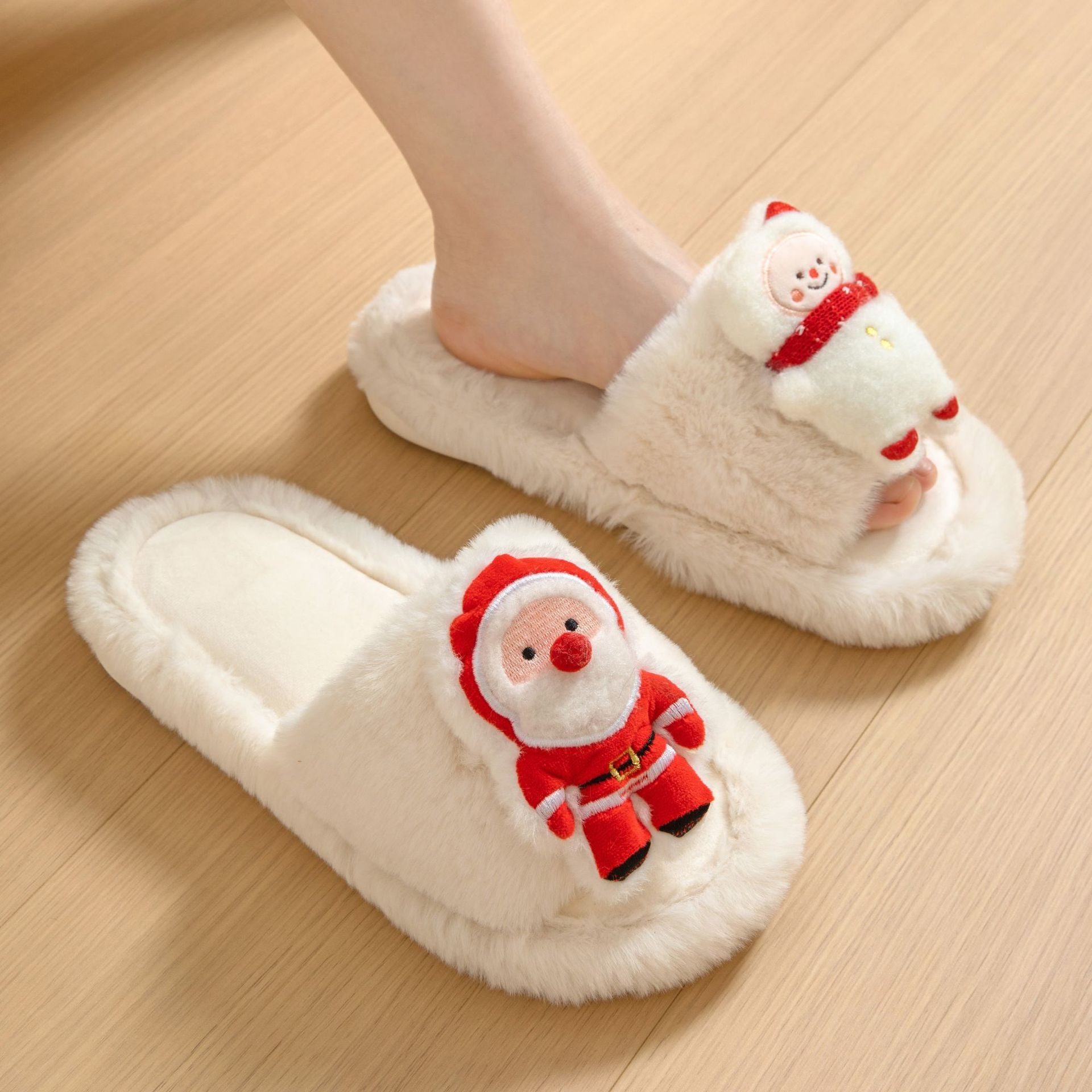 Zapatos Navideños  de Papá Noel para Mujer-Christmas Shoes Ins Santa Claus Open-toe Cotton Slippers Winter Home Indoor Floor Plush Warm Furry Slippers Women