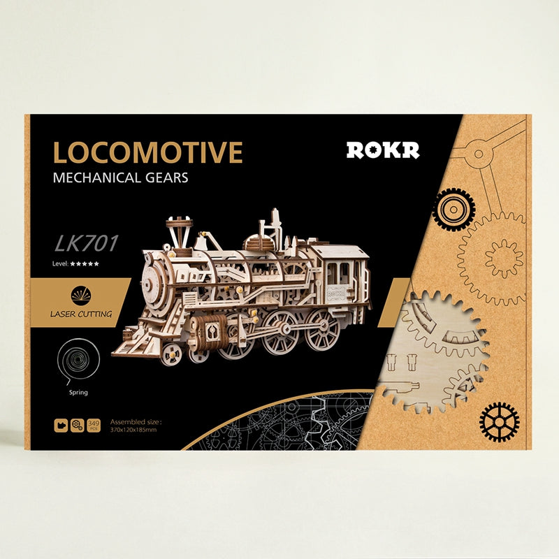 Robotime DIY locomotora móvil  kits de construcción de modelos de madera con mecanismo de relojería-Robotime DIY Movable Locomotive By Clockwork Wooden Model Building Kits