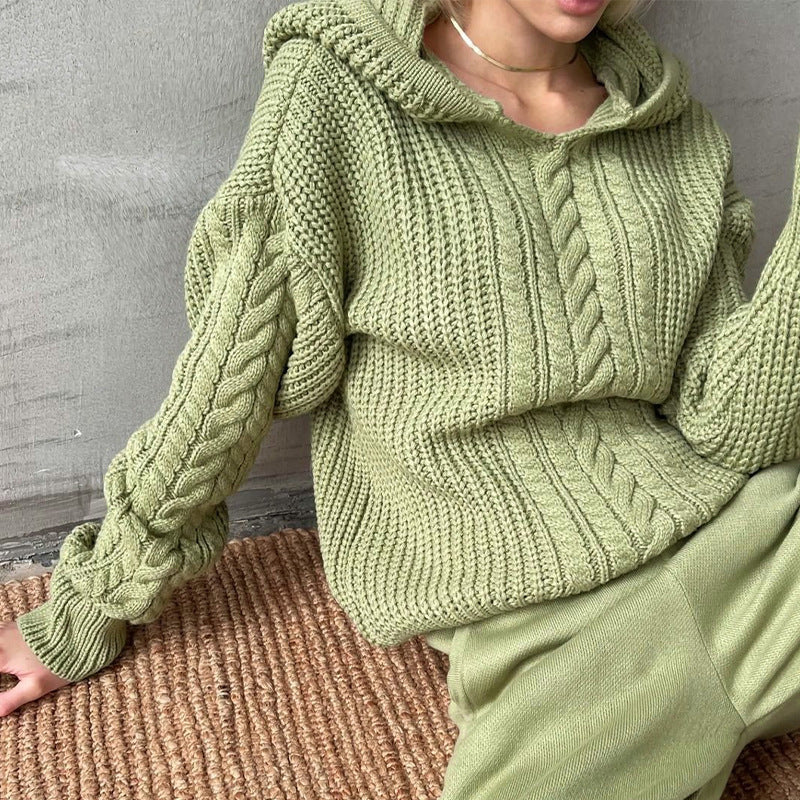 Jersey de punto de manga larga con capucha para mujer-Women's  Hooded Long-sleeved Knitted Sweater