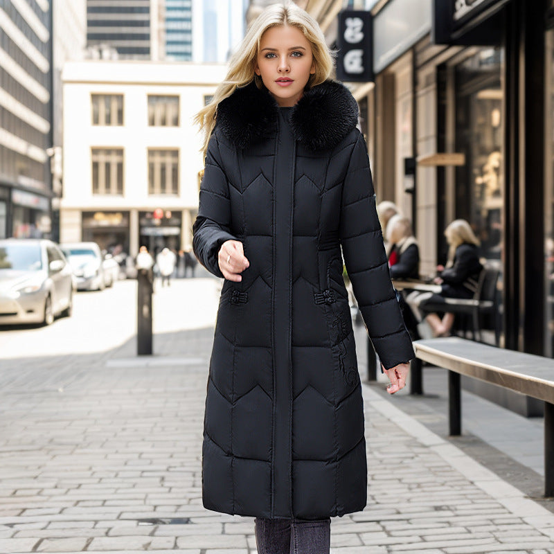 Winter Long Coat With Thickened Fur Collar Straight Slim Cotton-padded Jacket Women
