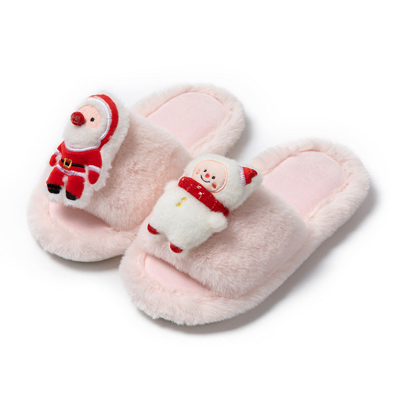 Zapatos Navideños  de Papá Noel para Mujer-Christmas Shoes Ins Santa Claus Open-toe Cotton Slippers Winter Home Indoor Floor Plush Warm Furry Slippers Women
