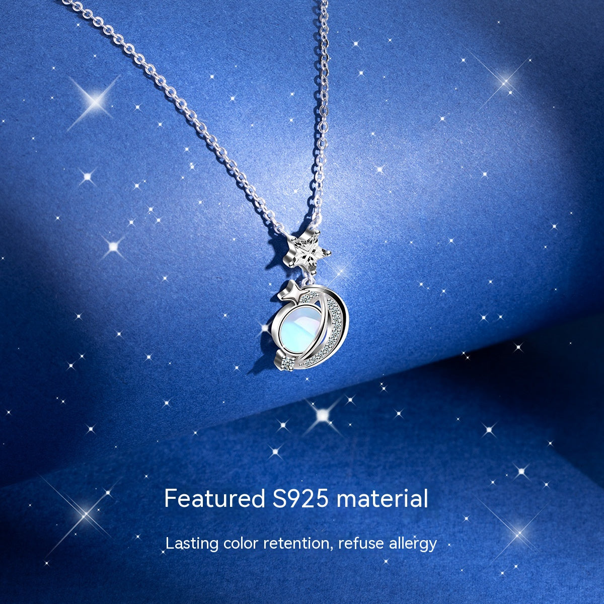 Women's Sterling Silver Fashion Design Star Moon Necklace