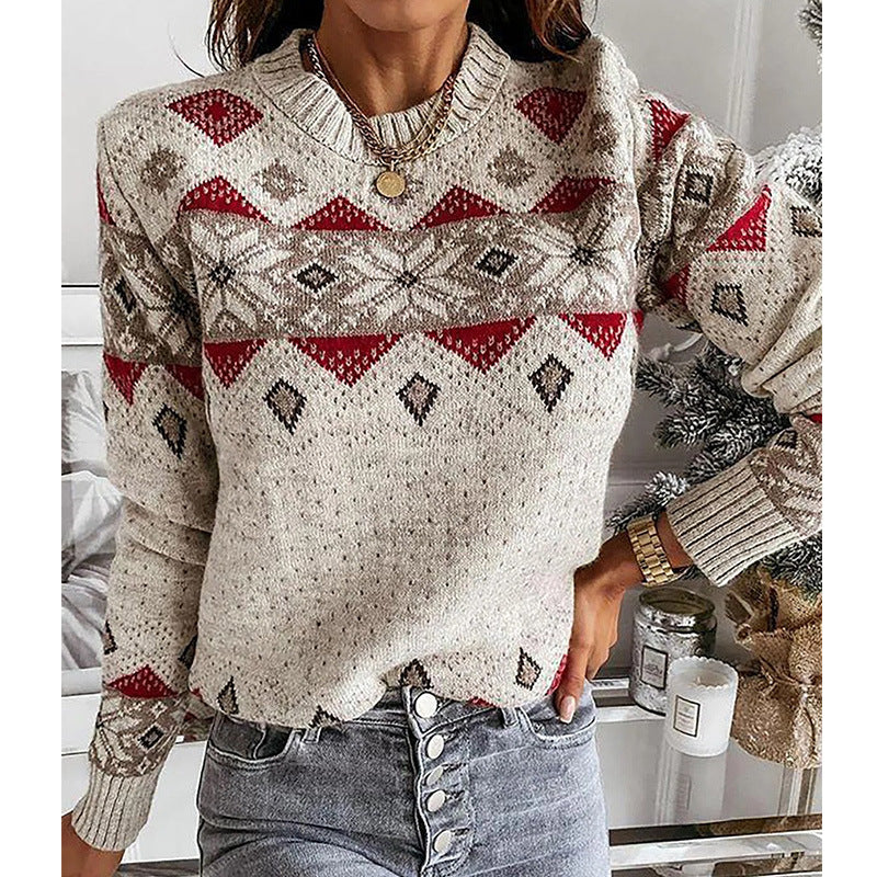 Suéter de color de contraste de rombos geométricos cálido-Geometric Rhombus Contrast Color Sweater Warm