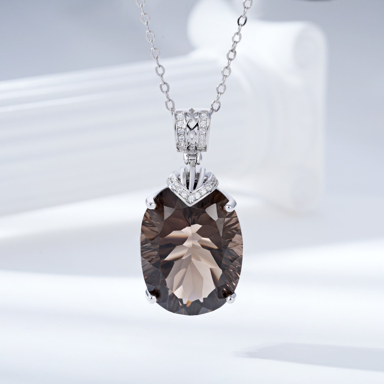 Luxury And High-grade Natural Tea Crystal Pendant Fashionable Design S925 Silver Inlaid Egg Shaped Gem Necklace