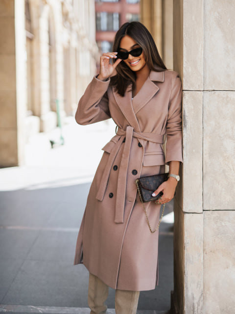 Abrigo de lana minimalista con cuello de traje y manga larga Ropa de mujer-Minimalist Long Sleeve Suit Collar Strap Woolen Coat Women's Clothing