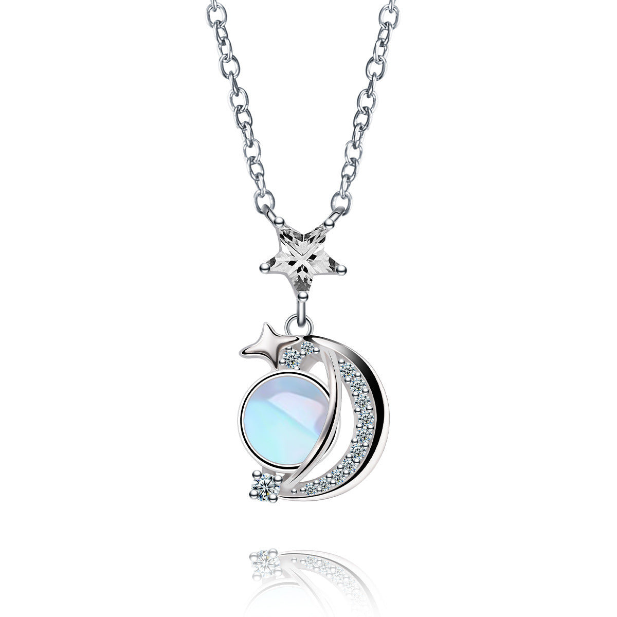 Women's Sterling Silver Fashion Design Star Moon Necklace