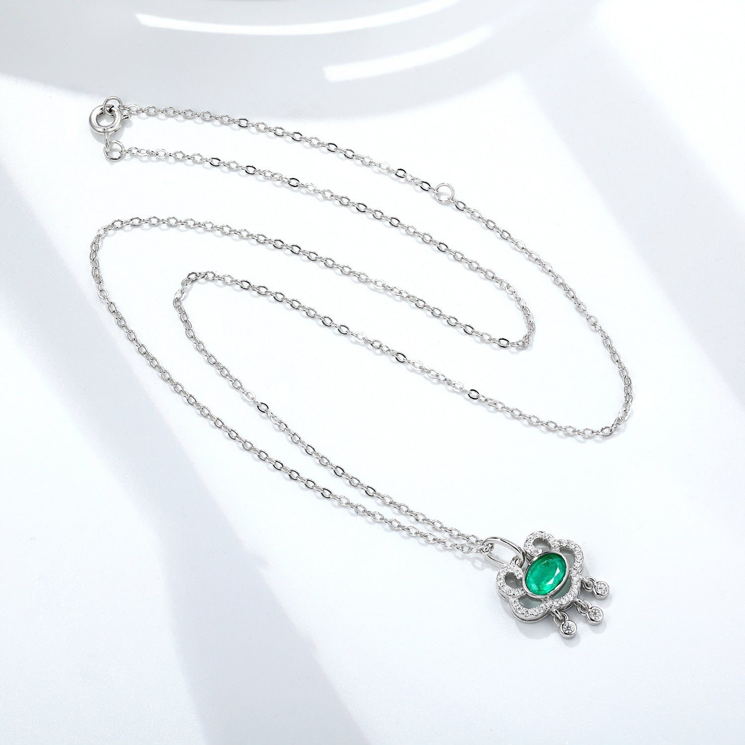 Natural Emerald Necklace Women's 925 Silver Full Set Delicate Light Luxury Pendant Auspicious Cloud Safety Lock Pendant Jewelry