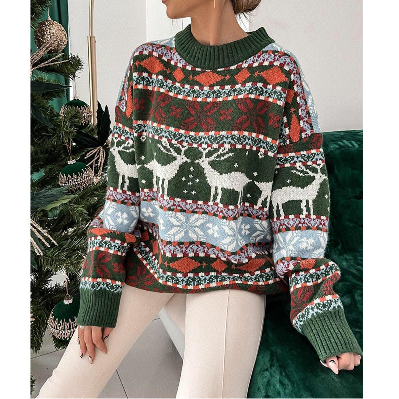Suéter de manga larga de jacquard con tema navideño y cuello redondo para mujer-Women's  Round Neck Christmas Theme Jacquard Long Sleeve Sweater