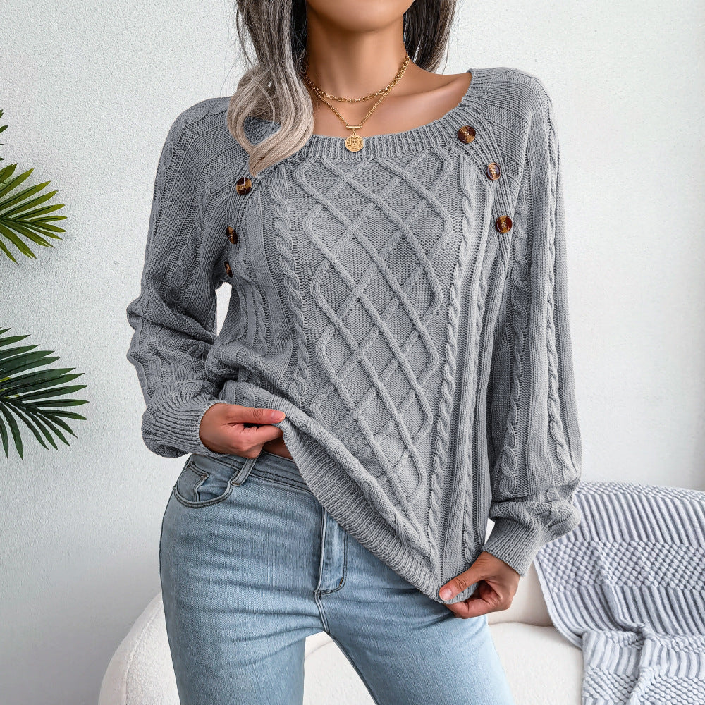 Suéter de punto torcido con botones y cuello cuadrado-Square Neck Button  Twist Knitting Sweater
