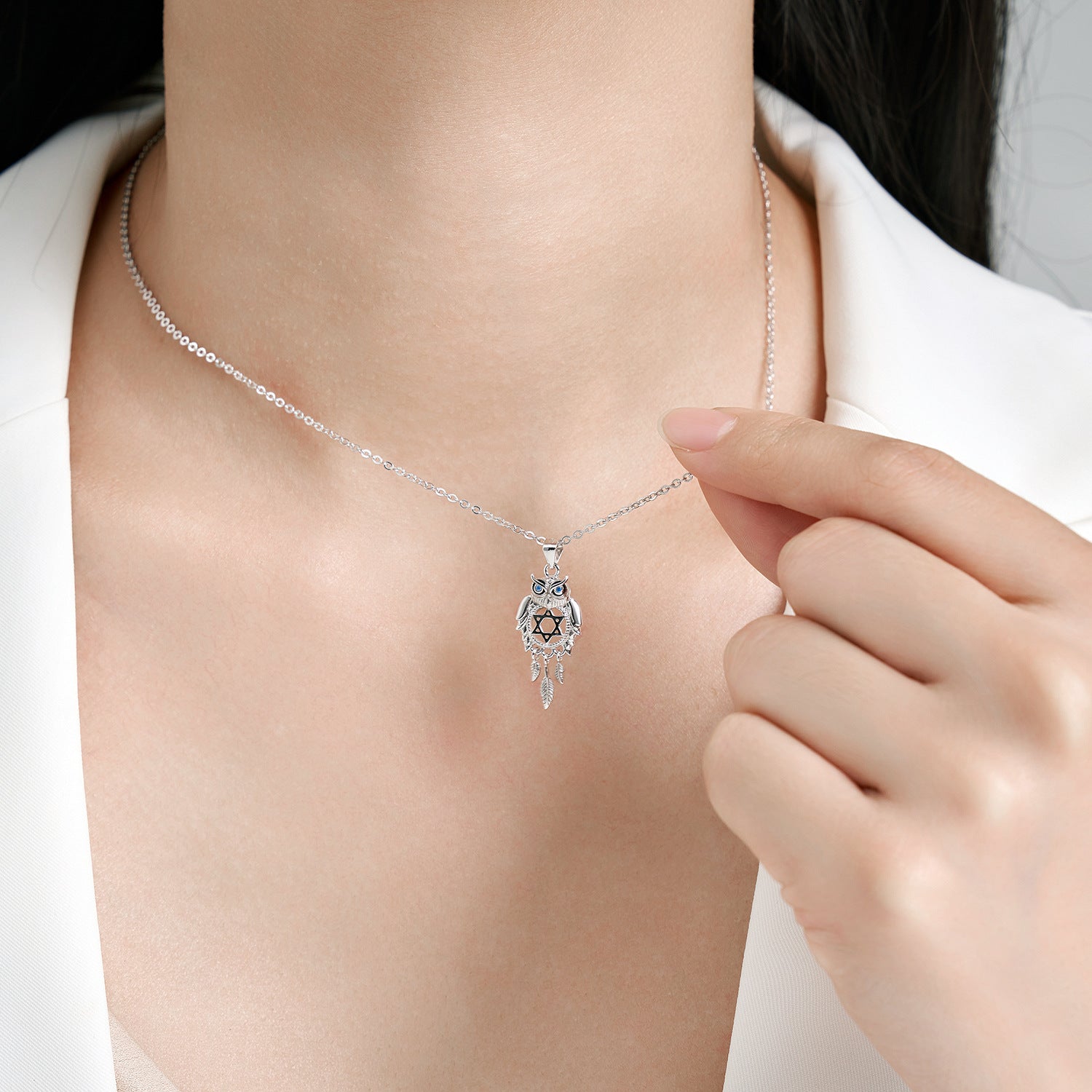 S925 Sterling Silver Owl Dream Catcher Necklace Hollow Out Zirconium In Sweater Chain
